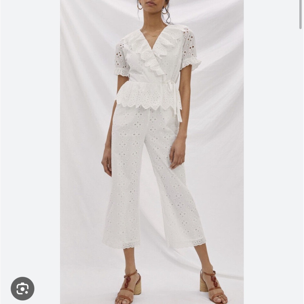 Anthropologie Eri + Ali White Ruffled Eyelet Floral Jumpsuit Size M! Bridal